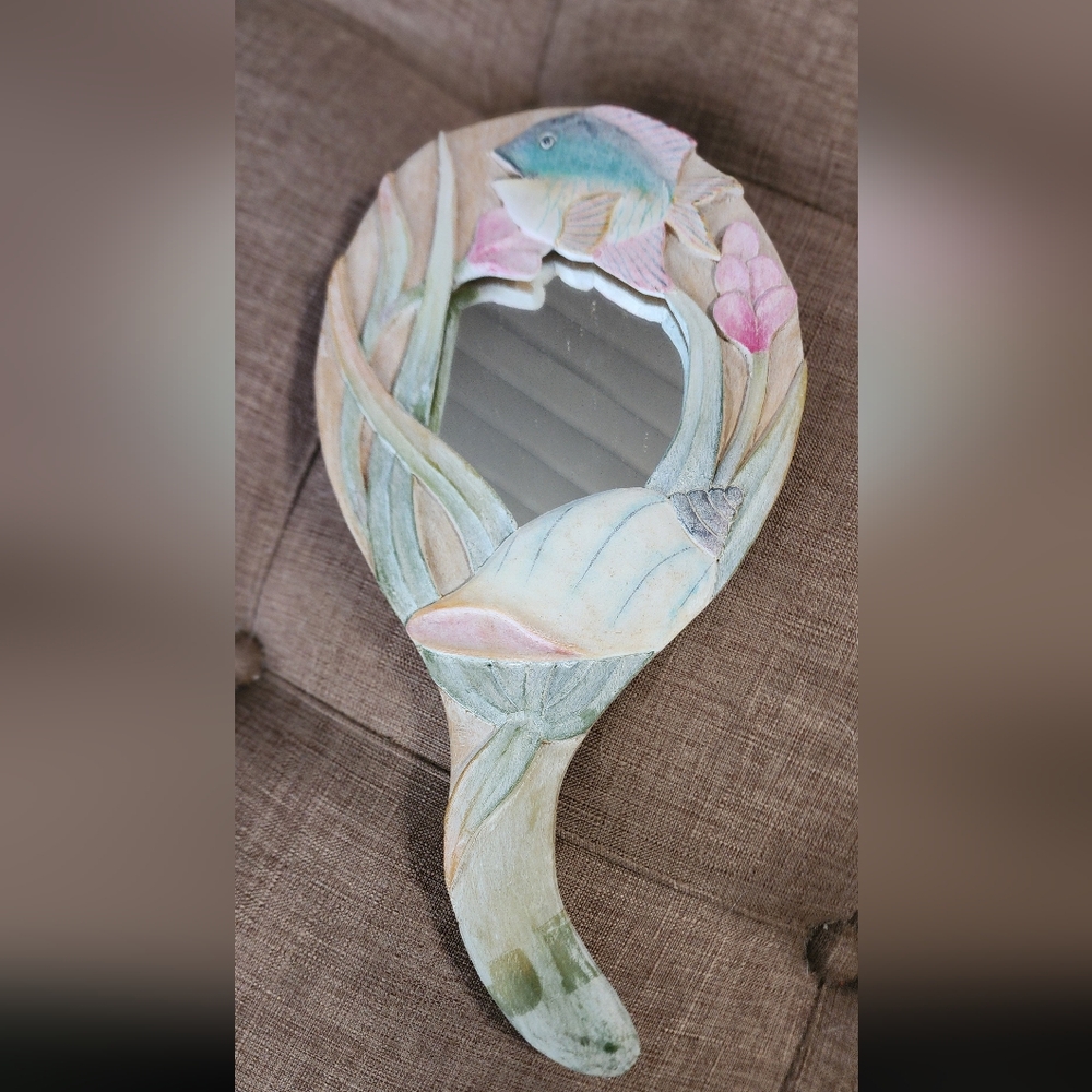 Bonnie Brown Artistic Fish and Floral Handheld Mirror